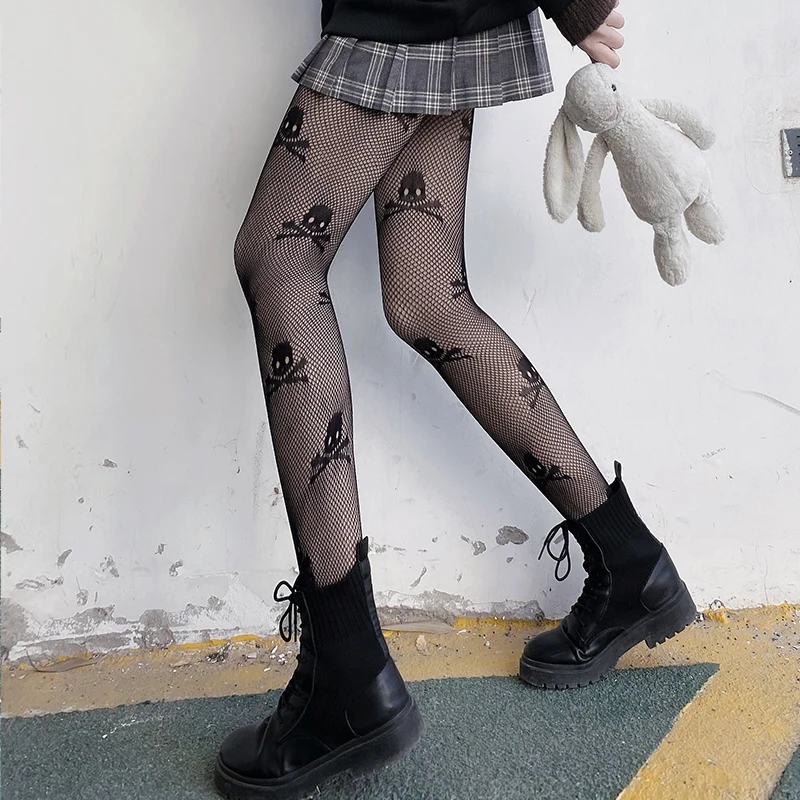 

Women Skull Tights Sexy Hollow Sheer Fishnet Pantyhose Goth Pirate Halloween Fishnet Hollow Out Patterned Pantyhose