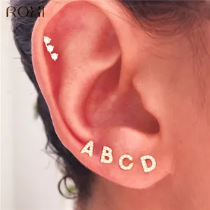 Серьги ROXI из стерлингового серебра 925 пробы женские, серьги-гвоздики с английскими буквами А-Z 26 в Корейском стиле сделай сам, ювелирные изделия, 1 пара