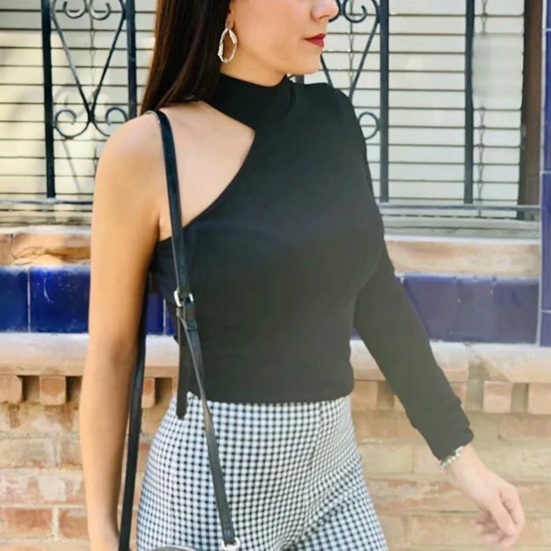 Женская водолазка на одно плечо модный вязаный свитер Элегантные вязаные