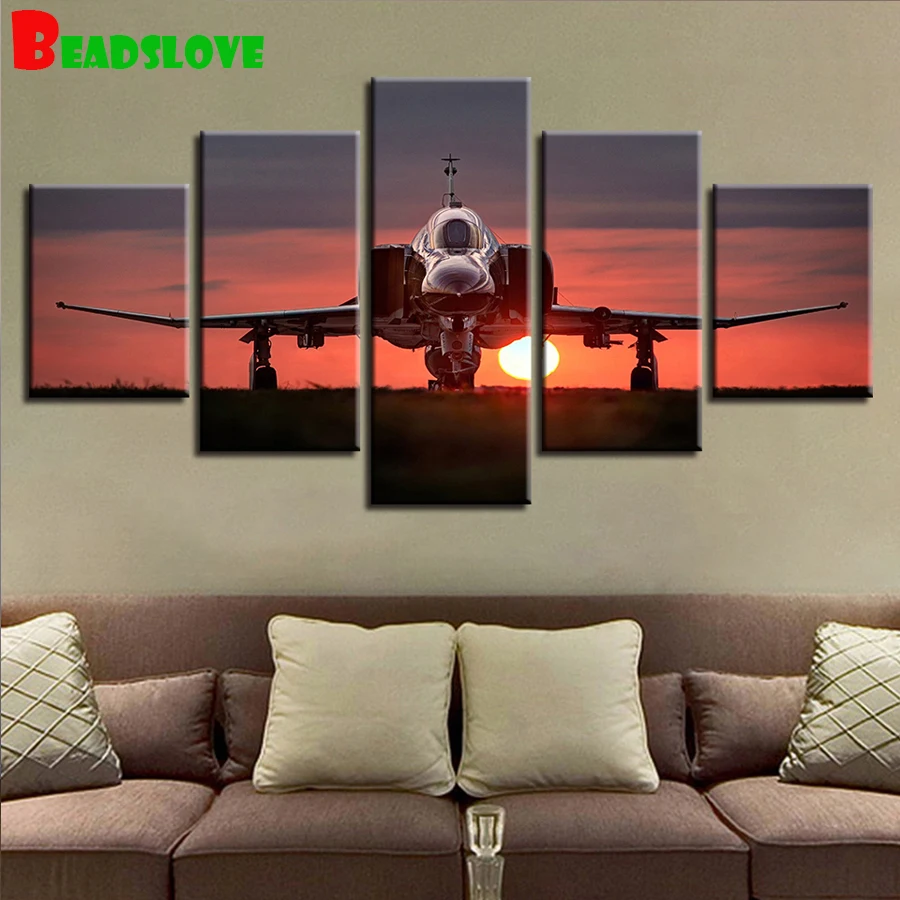 

Full Square round Drill 5D DIY Diamond Painting 5 Panel Sunset Aircraft Multi-picture Combination 3D Embroidery Mosaic Decor