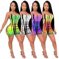 womens summer casual romper skinny spaghetti strap short jumpsuits digital print lace up backless bodycon club short playsuits