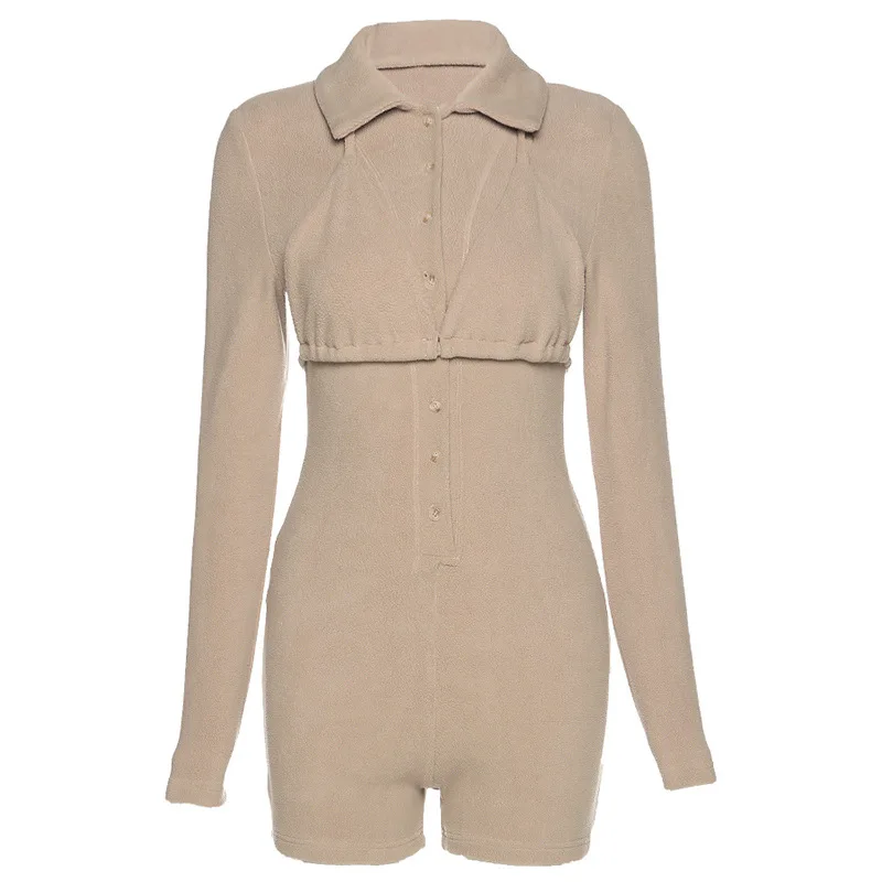 

New Brand Design Women Autumn Long Sleeve Single Breasted Fleece Velvet Short Slim Bodycon Jumpsuit Streewear