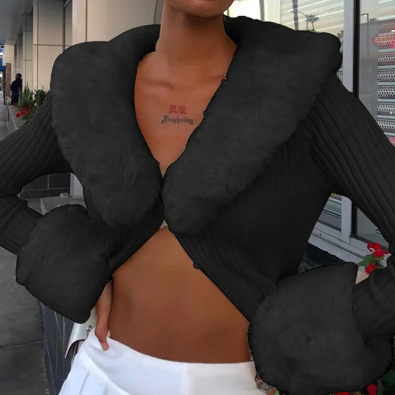 Женский вязаный пуловер Y2k однобортный теплый кардиган с меховым воротником