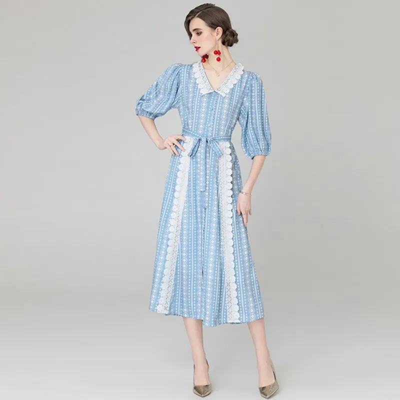 

2021 summer fashion women V-neck lace contrast stitching dress lace-up puff sleeve casual dress