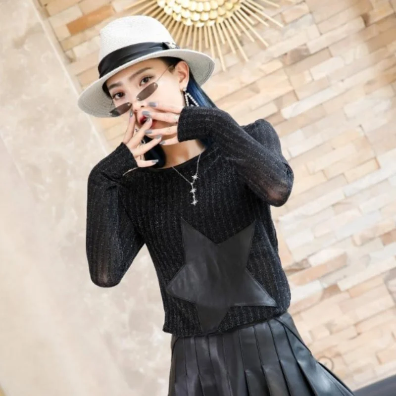 Женские черные футболки со звездами и пятиконечным узором облегающий пуловер из