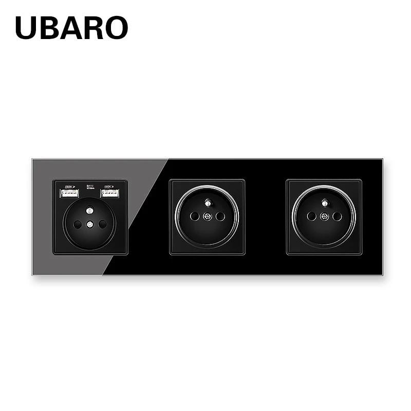 

UBARO French Standard 258*86mm Tempered Crystal Glass Panel Wall Socket Prise With Usb 5V 2100mA Table Outlet AC110-250V 16A