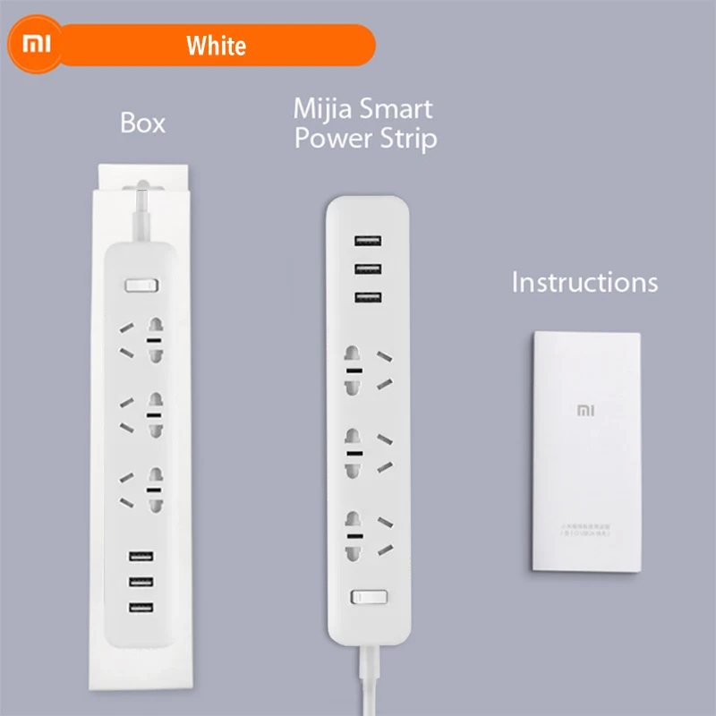White Xiaomi Mijia power Strip 1,8 м(5,9 фута) 3 гнезда 10 А 250 в 2500 Вт 3 порта USB 5 в 2,1 а EU AU UK мкА Plug адаптер для путешествий - Цвет: White
