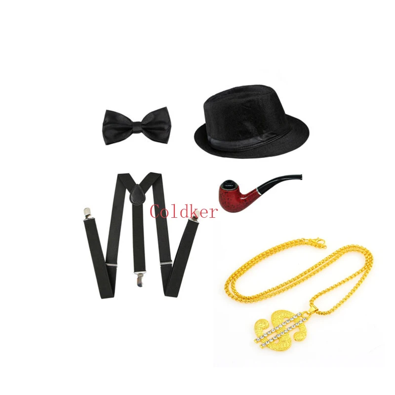 Костюмы для вечеринки 20-х годов с аксессуарами для мужчин Gatsby Gangster, включающие шляпу Панама, подтяжки, бабочку и ожерелье.