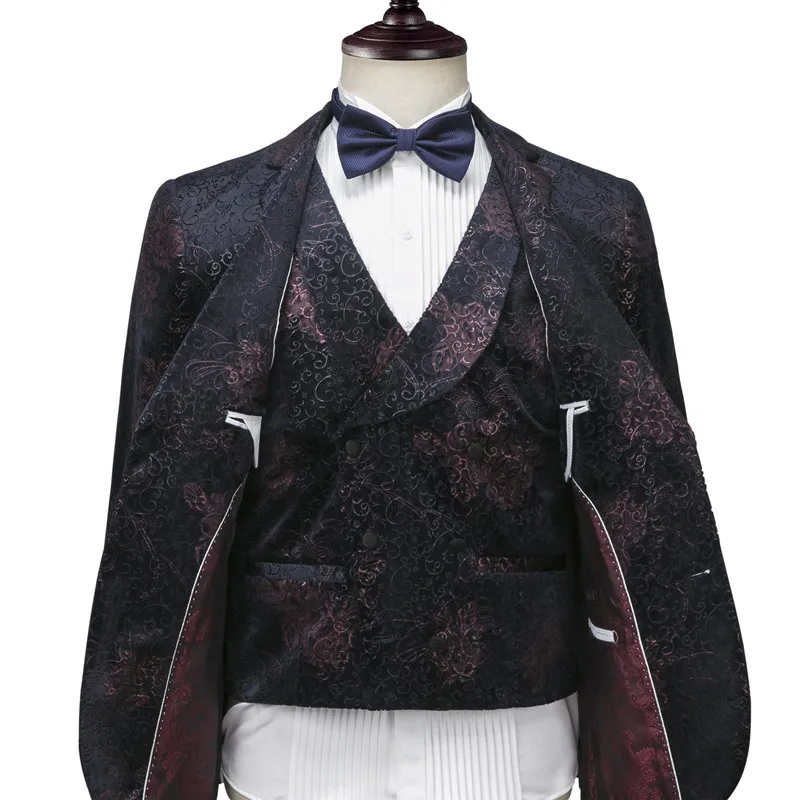 Зимний бархатный облегающий костюм-тройка с цветочным принтом брюки жилет