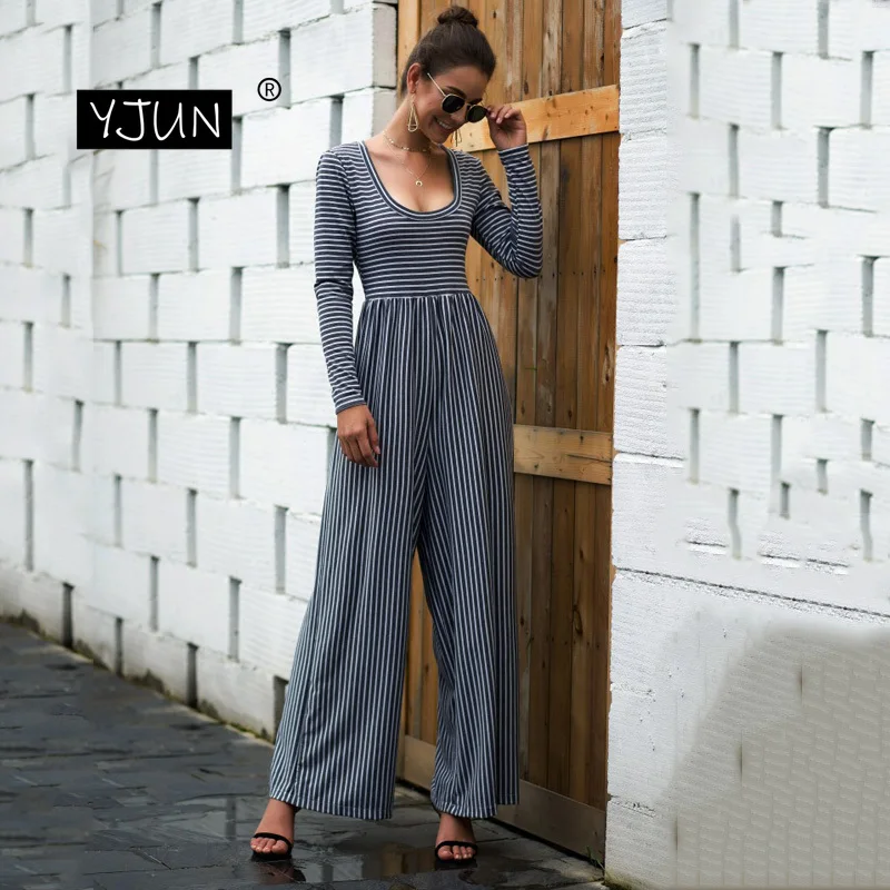 Женский комбинезон в полоску с принтом сексуальный осенний костюм длинным