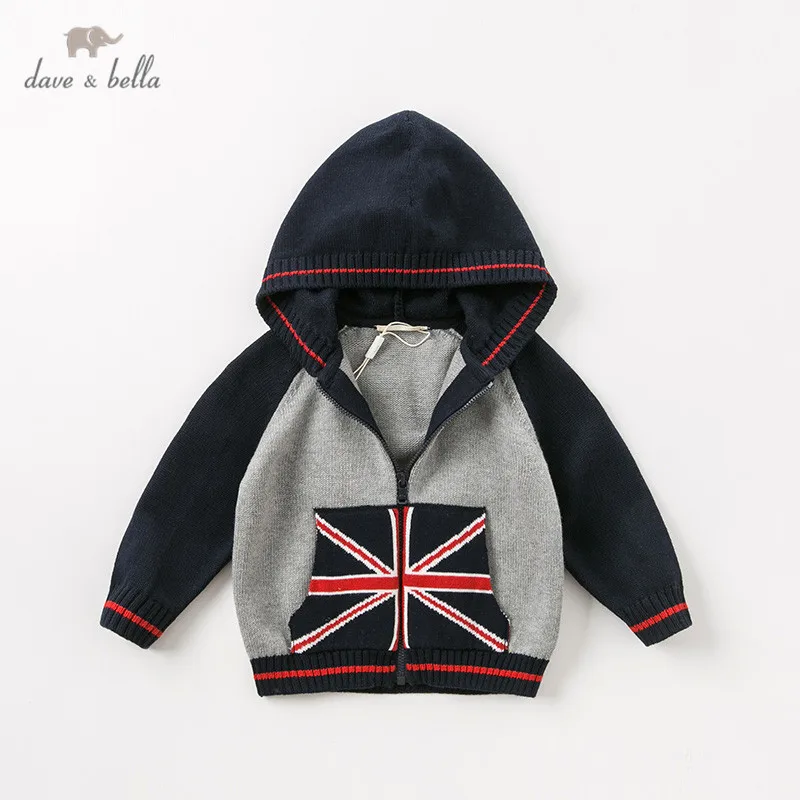 DB11456 dave bella autumn infant baby boys fashion zipper hooded cardigan kids toddler coat children cute knitted sweater | Мать и