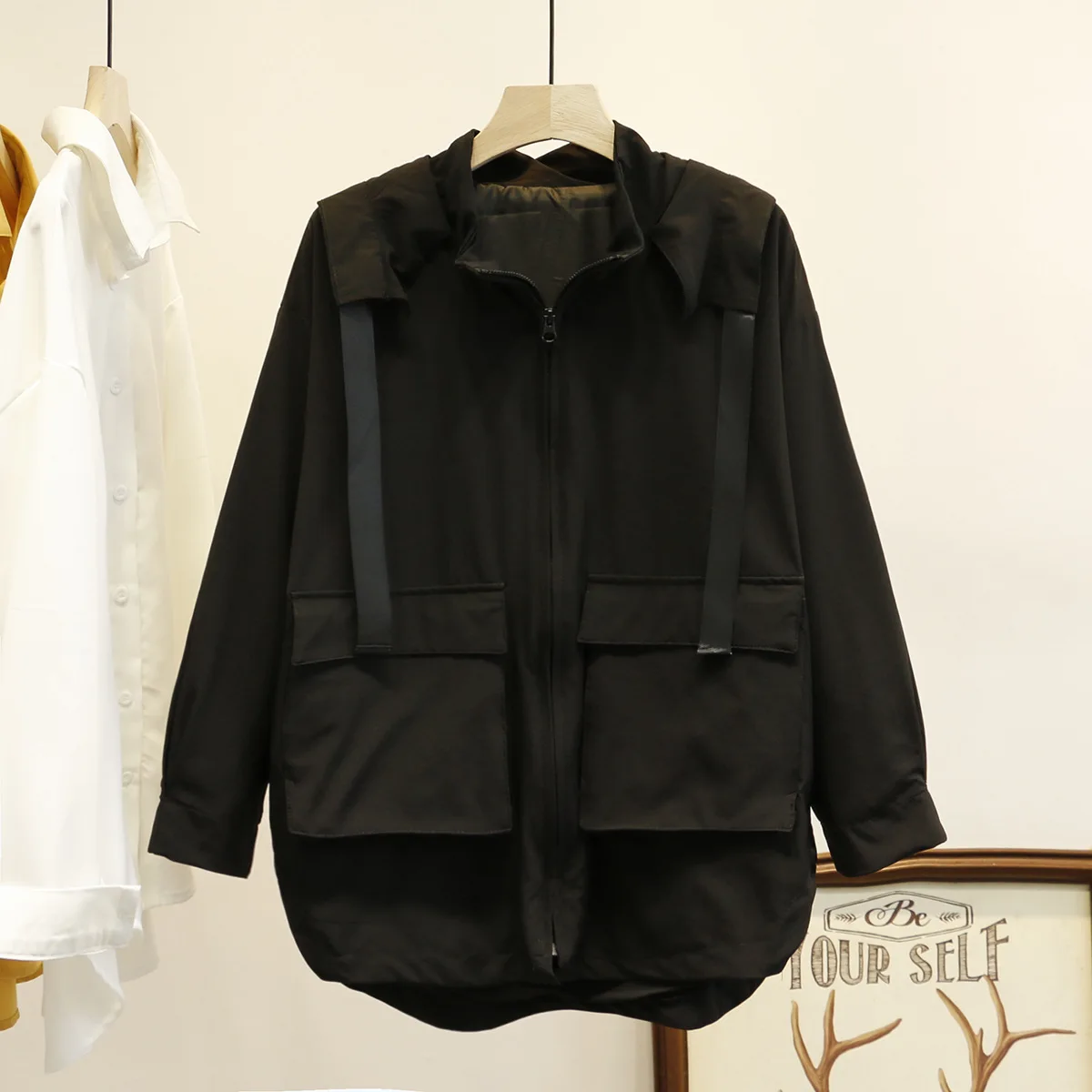 Женская куртка весна 2020 одноцветная с капюшоном свободная для девушек стиль