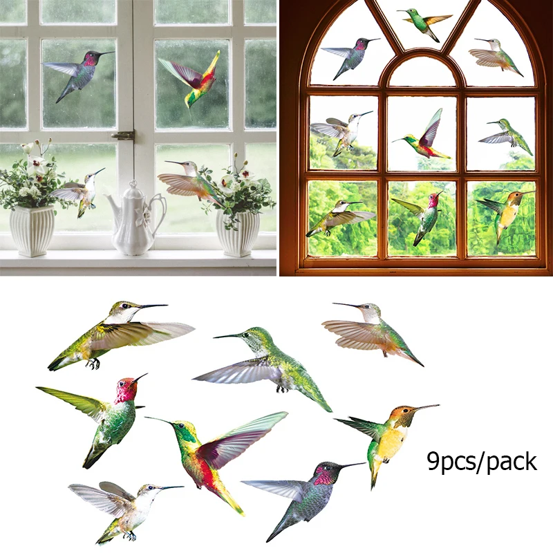 

9Pcs Decorative Electrostatic Glass Film Hummingbird Window Sticker Anti-collision No Glue Needed Window Clings Window Decor