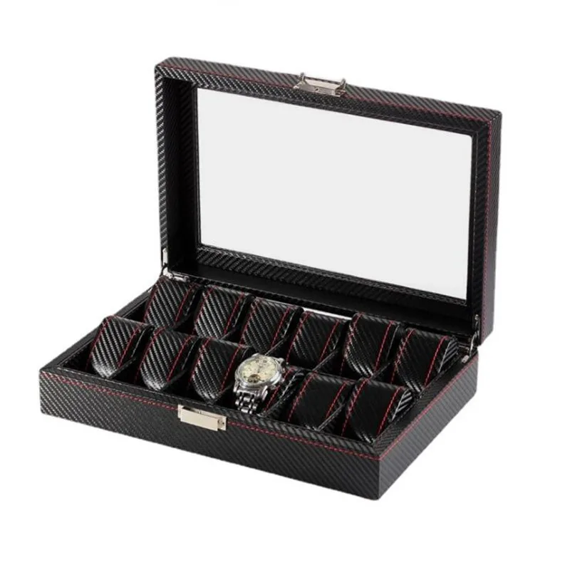 12 Grids Carbon Fiber Watch Box PU Jewelry Box Density Board Watch Case Holder Organizer for Watches Men Valentine's Day Gift