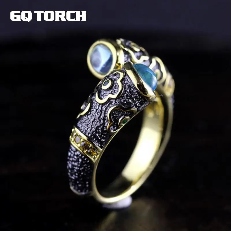 925 Sterling Silver Ring Inlaid Natural Blue Topaz Vintage Enamel Rings For Men And Women Lovers Opening 18k Gold Plated | Украшения и