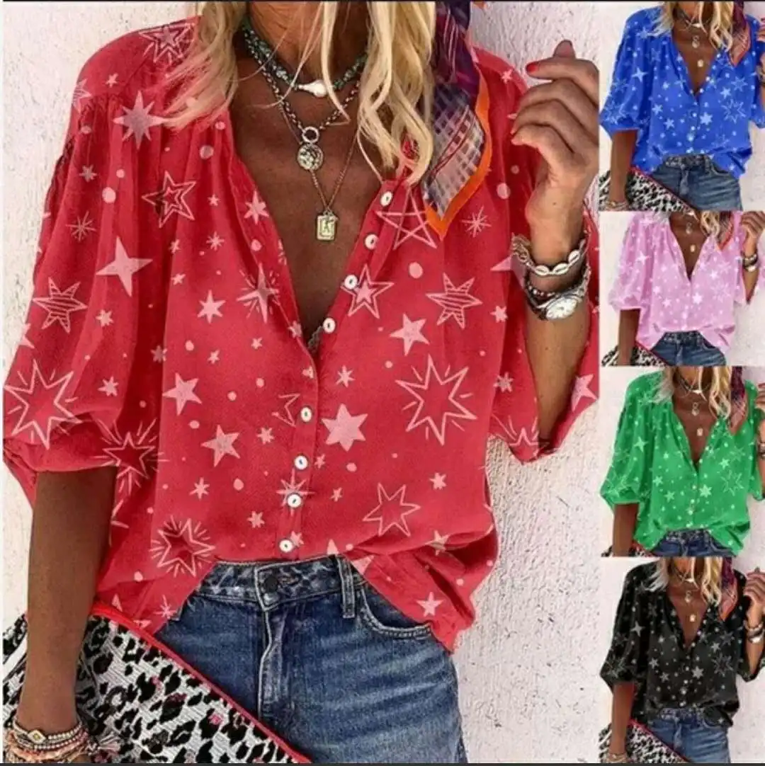 

Для женщин рубашка Фонари со звездой, с длинным рукавом в форме сердца печати однобортный воротник с лацканами, кольца в виде пятиконечной р...