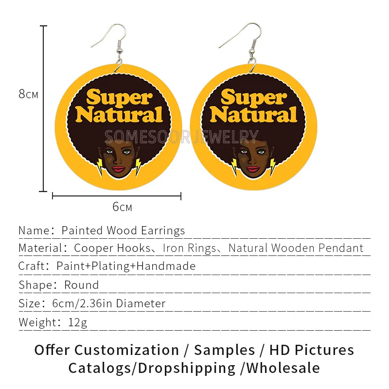 SOMESOOR Супер натуральные волосы афро деревянные висячие серьги Черная гонка