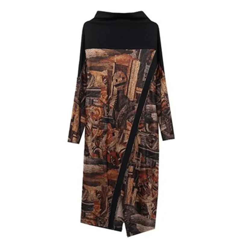 Женское платье с длинным рукавом свободное до колена разрезом и принтом осенняя