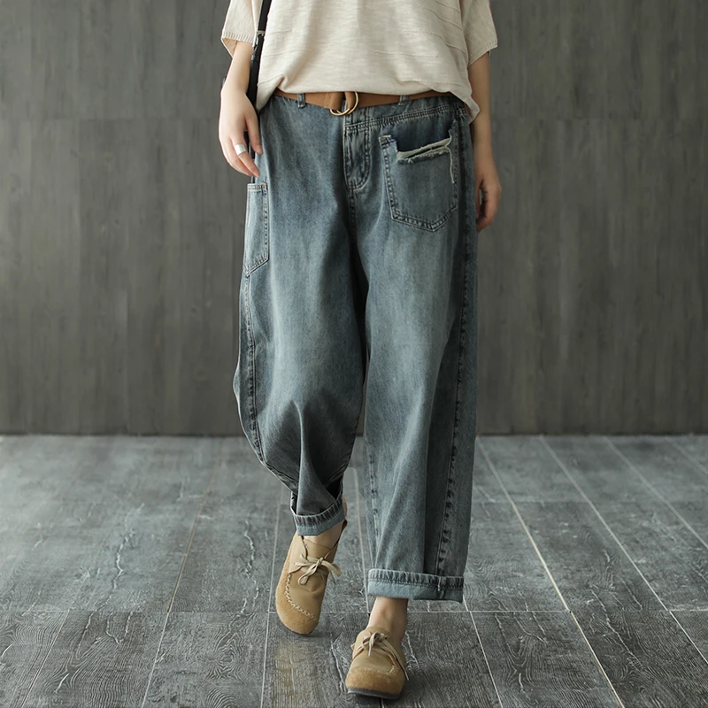 Джинсы женские с эластичным поясом свободные универсальные брюки из денима в