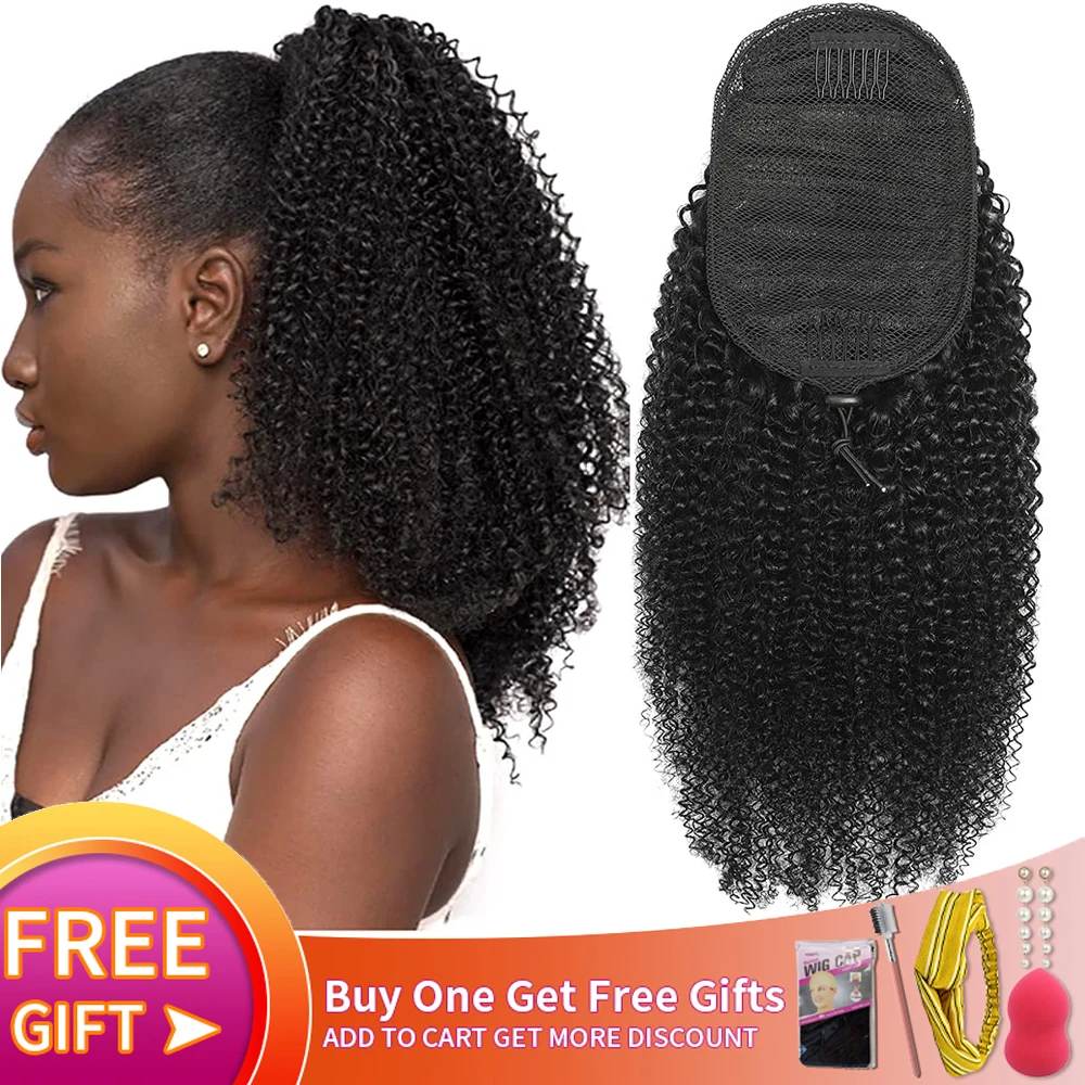 Human Hair Ponytail Extensions Afro Kinky Curly Ponytail Drawstring Human Hair Natural Black Color Hairpiece with Clip