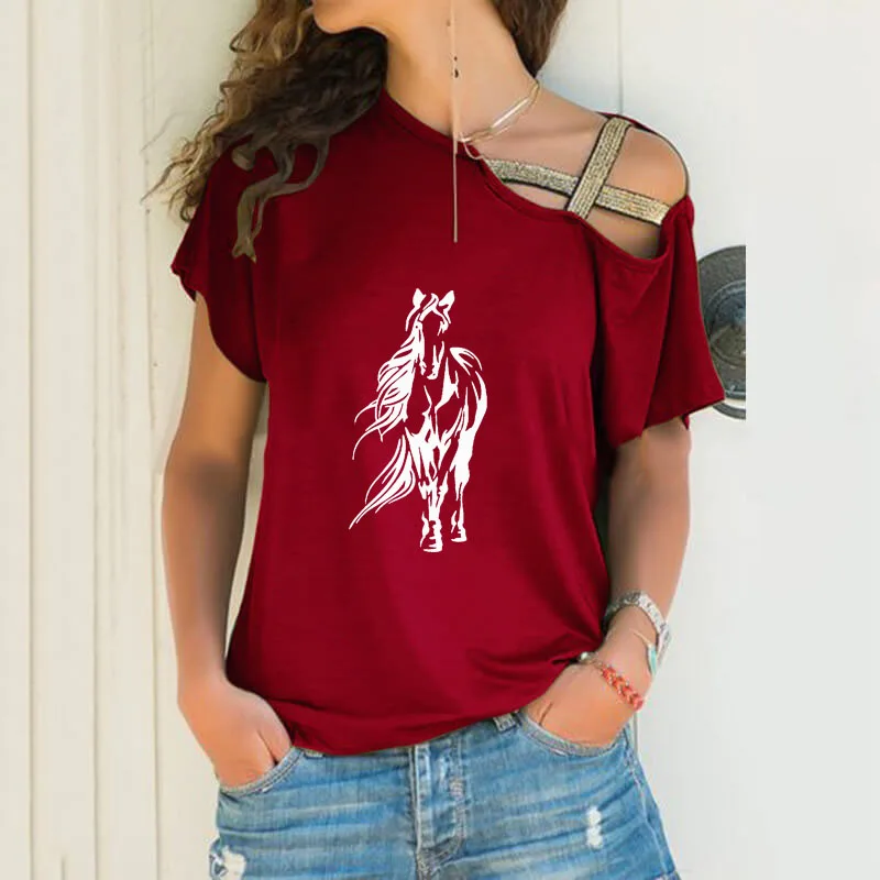 Новая свободная Асимметричная футболка с мультяшным принтом лошади женские