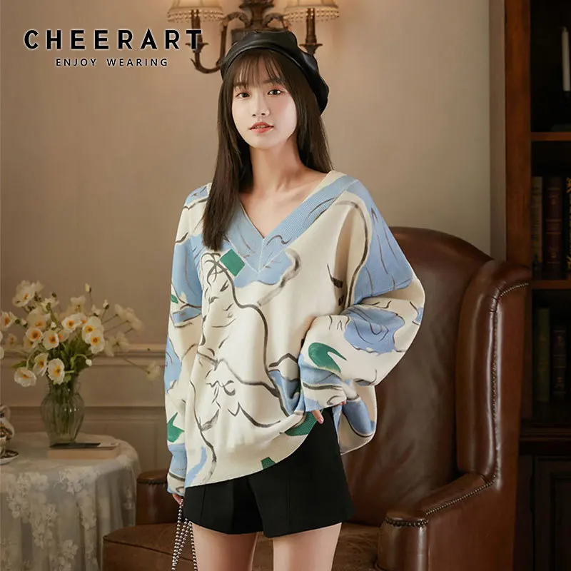 

CHEERART Oversized Sweaters V Neck Loose Pullover Sweater Knitted Jumper Designer Korean Fashion Fall 2020 Women Clothing