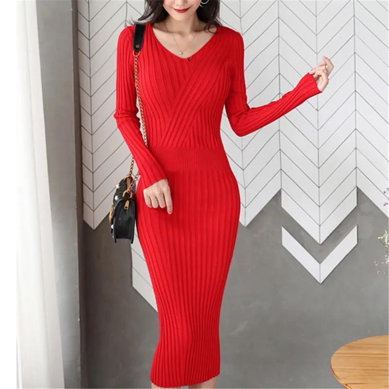 Женское трикотажное платье-свитер с V-образным вырезом | Женская одежда