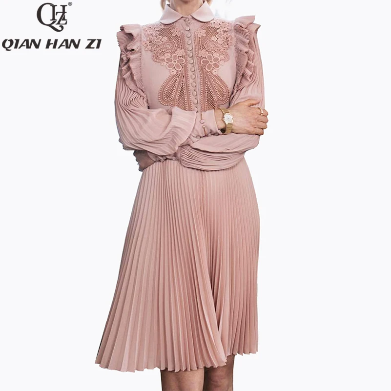 

Qian Han Zi 2020 designer fashion women dress Lapel Button High Quality Pink Elegant Slim embroidered Pleated Dress vestidos