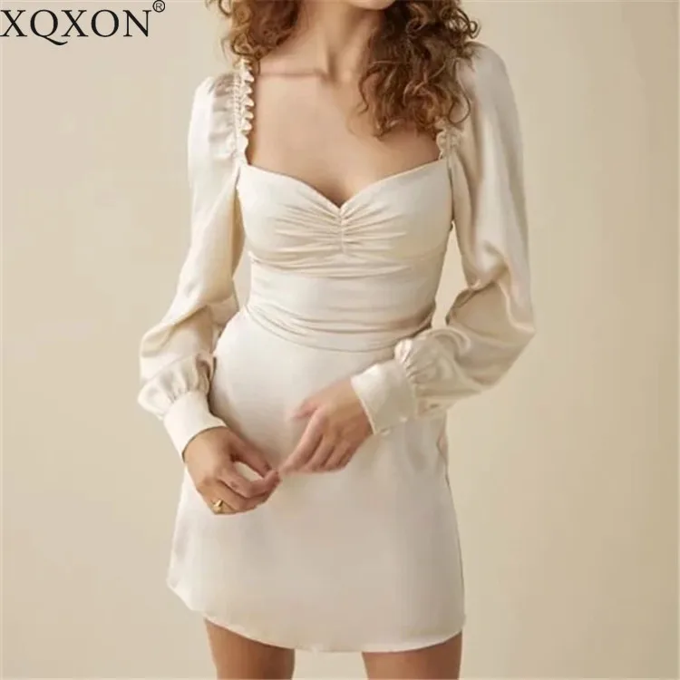 

XQXON Women 2021 Spring New Retro Puff Sleeve Mini Dress Wooden Ear Square Collar French Style Female Satin Dress