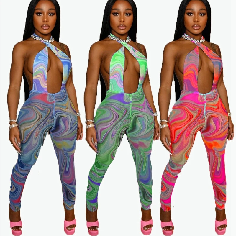 

2021 Print Mesh Jumpsuit See Through Women Skinny Criss Cross Hipster High Waist Sexy Backless Club Streetwear Summer Outfit