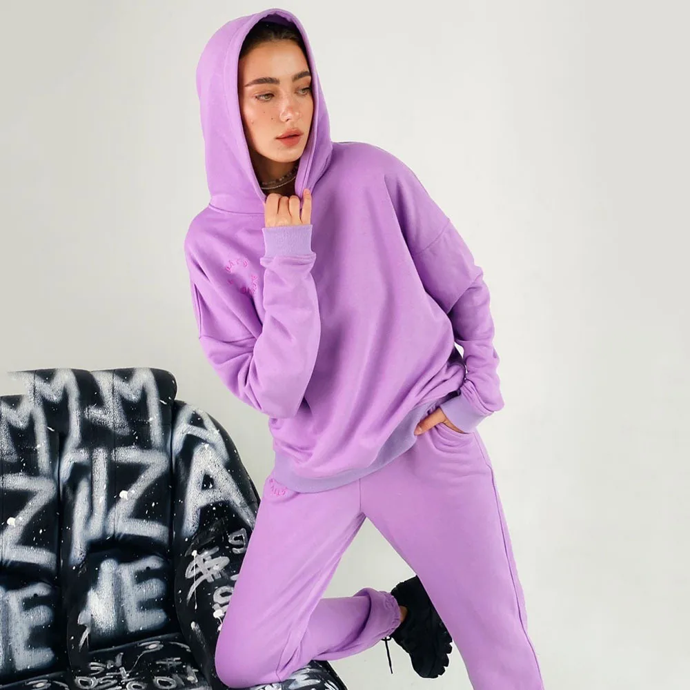 

2021 new fashion solid color hooded sweater casual two-piece suit
