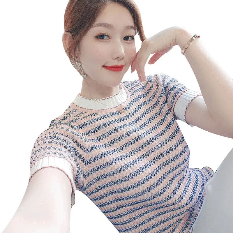 

2021 Summer New T-Shirt Contrast Stripe Knitted Short Sleeve