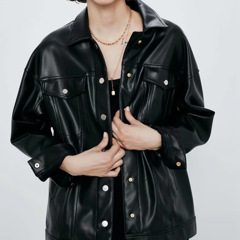 Женская кожаная куртка черная винтажная Повседневная мотоциклетная из