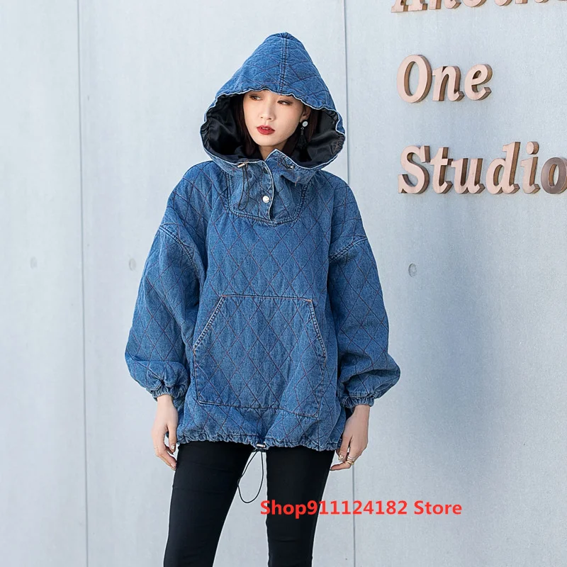

European Goods Trendy Brand Pullover Sweater Women's Spring New Diamond Lattice Pressure Line Loose Fashion Hooded Denim Jacket