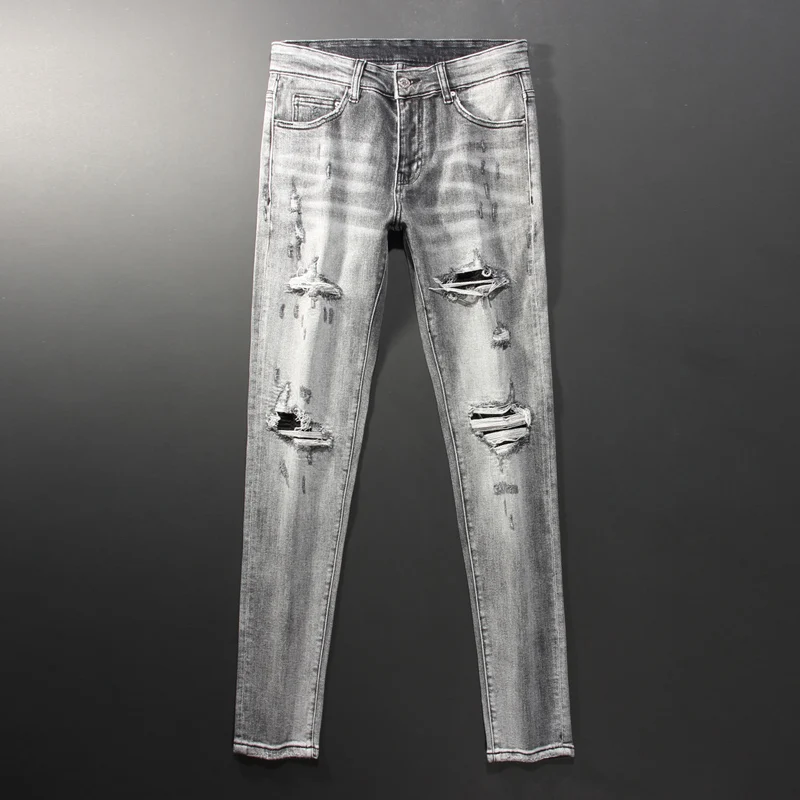 American Street Fashion Men Jeans High Quality Retro Gray Elastic Slim Fit Ripped Jeans Men Designer Hip Hop Denim Punk Pants