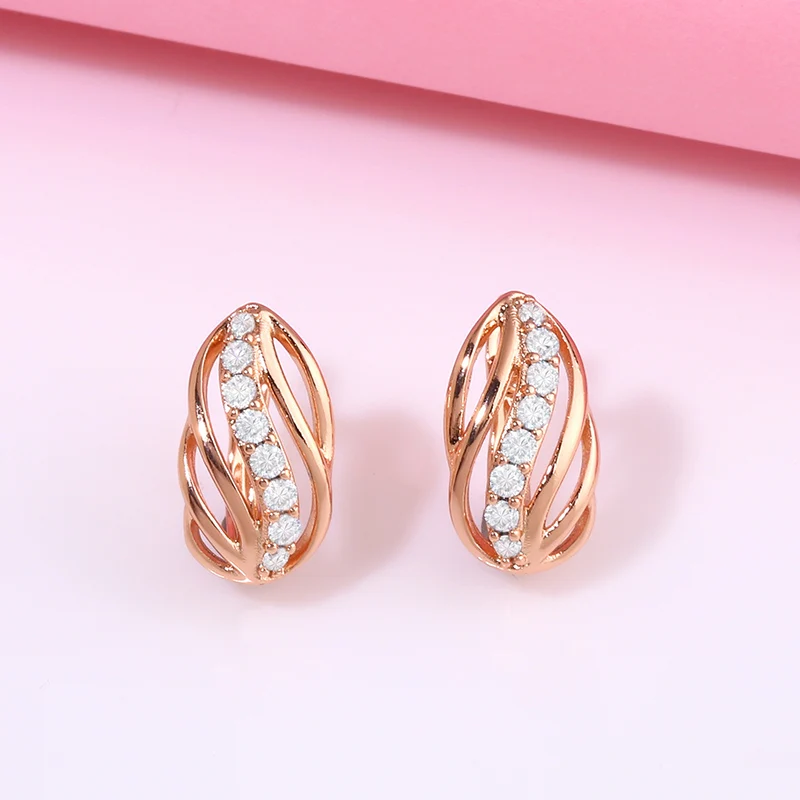 Женские Золотые сережки с полыми листьями и камнями 585 пробы вечерние