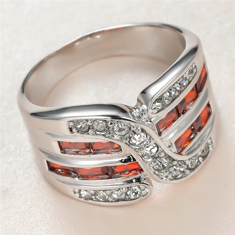 

Luxury Female Red Crystal Stone Ring Charm Silver Color Wedding Rings For Women Dainty Bride Geometry Zircon Engagement Ring