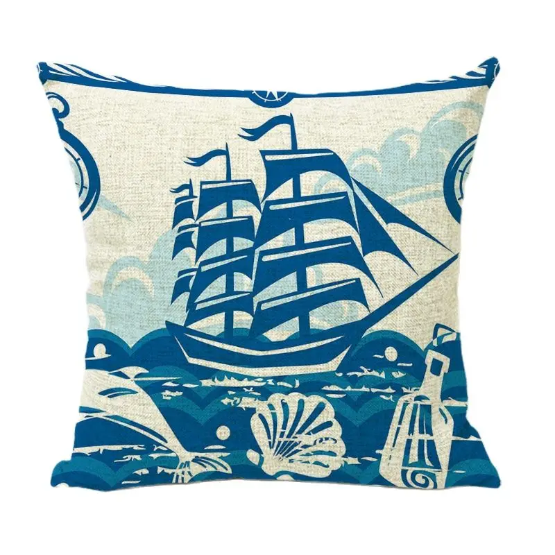 Наволочка современный руль якорь маяк парусник 1 Боковая печать льняная