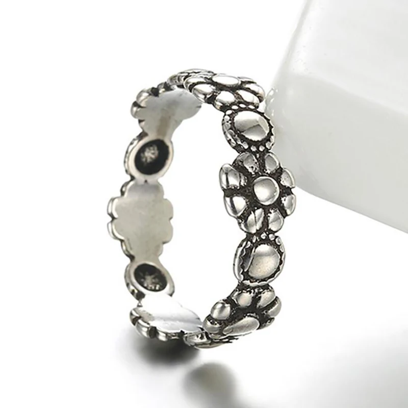 New 925 Thai Silver Antique Black Flower Band Stackable Cuff Open Adjustable Ring For Women Finger Fine Jewelry 1Y774 | Украшения и