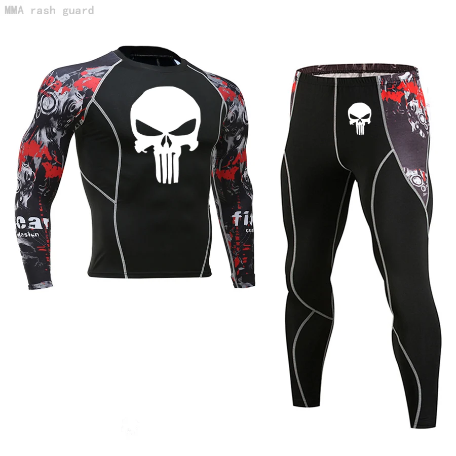 

Skull Sports Set Men's Running tights Moisture Wicking 2 piece tracksuit Men rash guard Male MMA Compression sportswear Jogging