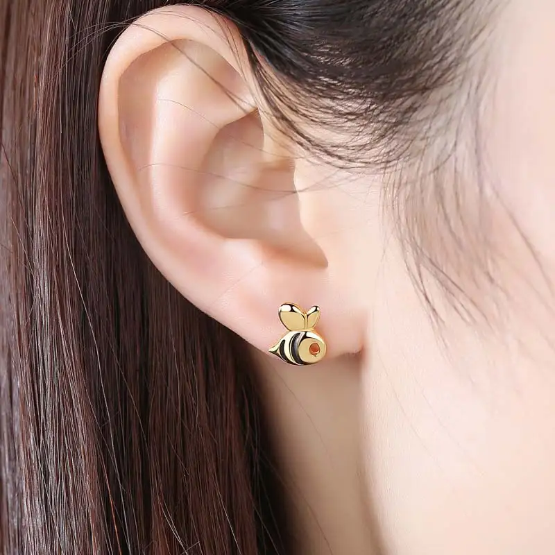 TONGZHE Genuine 925 Sterling Silver Honey Bee Earring For Women Stud Earrings Gold Color Cute Animal Cool Jewelry Gift KLTE106-1 | Украшения
