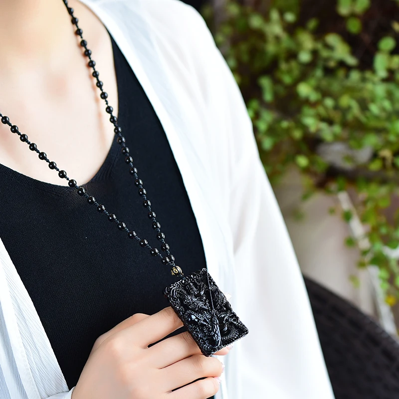 Natural Black Obsidian Guangong Pendant Beads Necklace Fashion Charm Jewellery Carved Amulet Gifts for Women Men | Украшения и