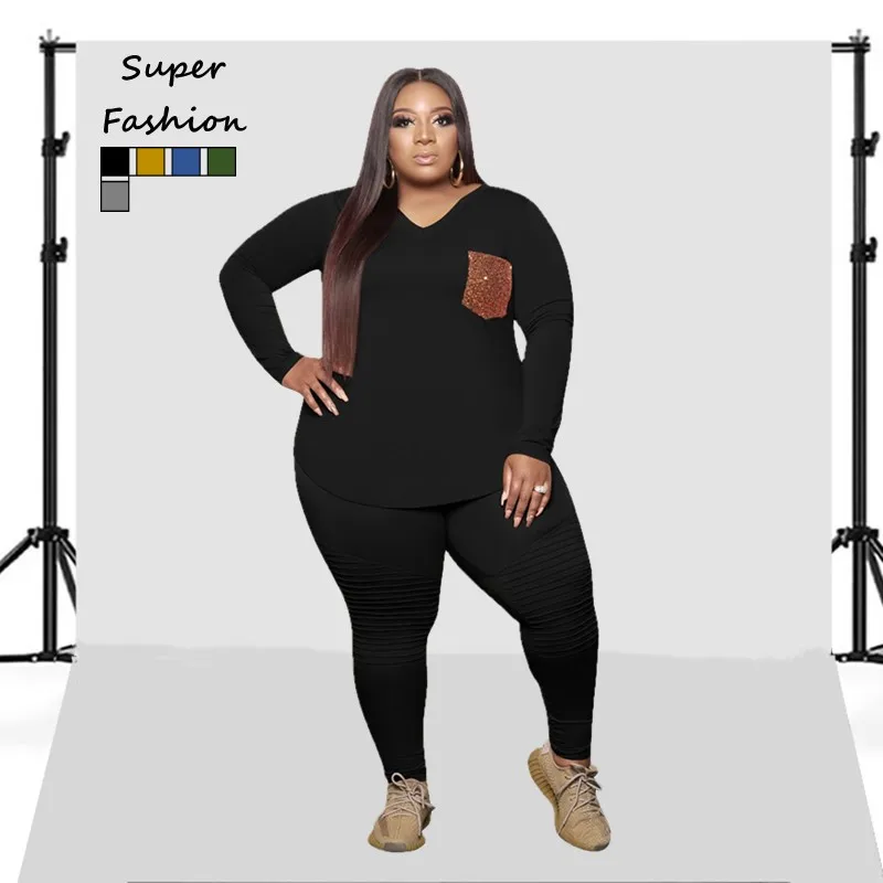 

3XL 4XL 5XL Plus Size Sets Long Sleeve Solid Color Leopard V Neck Casual Women Tracksuits Pant Suits Wholesale Dropshipping
