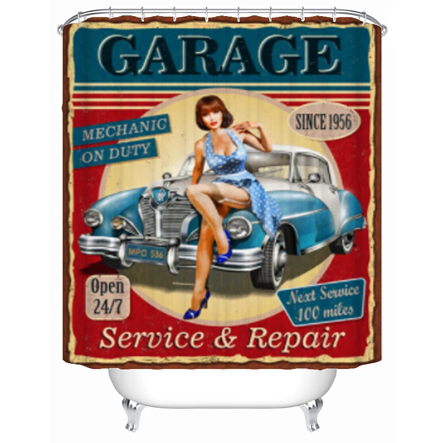 

Retro Car Poster Shower Curtain Sexy Girl Decoration Curtains Bathroom Polyester Fabric Bathtub Curtains With Hooks Waterproof