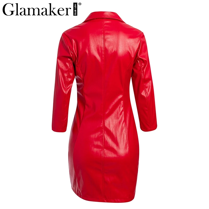 Glamaker Плиссированное красное платье из искусственной кожи, Женское зимнее облегающее мини-платье с длинным рукавом, элегантное осеннее сексуальное Клубное платье с v-образным вырезом, вечерние платья
