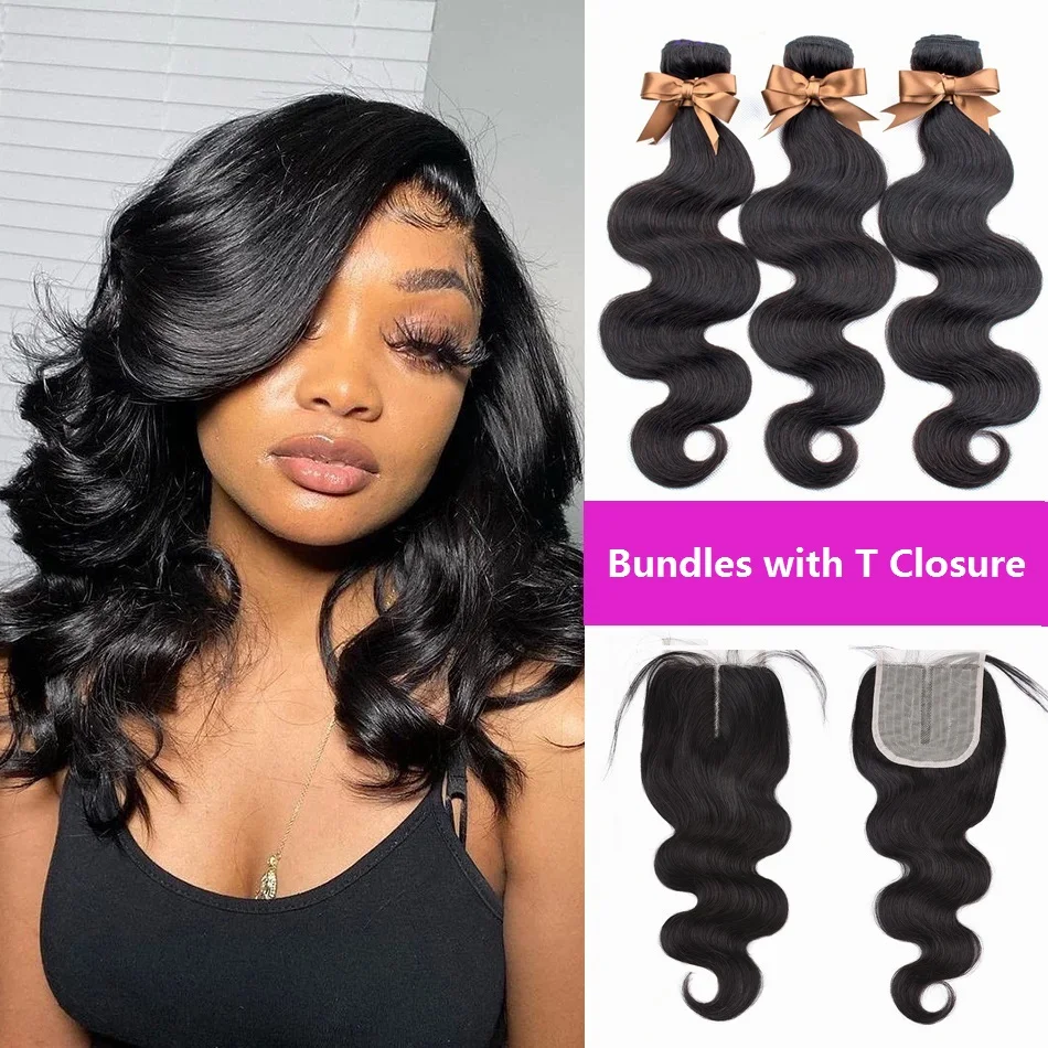 

Indain Hair Weave Bundles With Lace Closure Body Wave Bundles With Closure Mid Part Remy Human Hair Bundle With T Closure