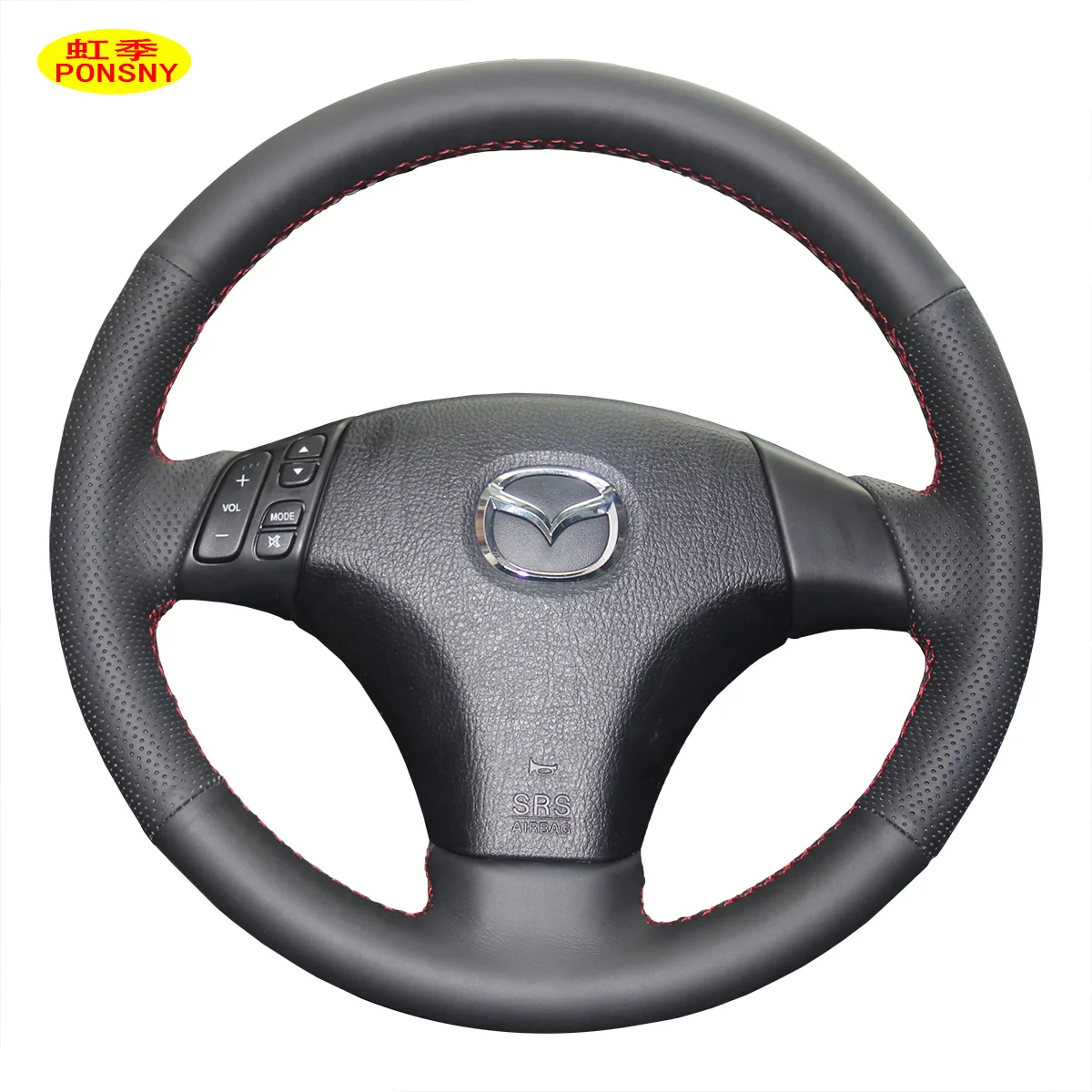 

PONSNY Artificial Leather Car Steering Covers Case for MAZDA 3/5/6 2006 Hand-stitched Cover Car-styling Black
