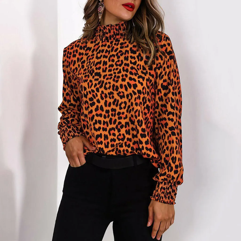 JAYCOSIN женская мода жабо воротник-стойка неоновый Леопардовый принт длинный рукав