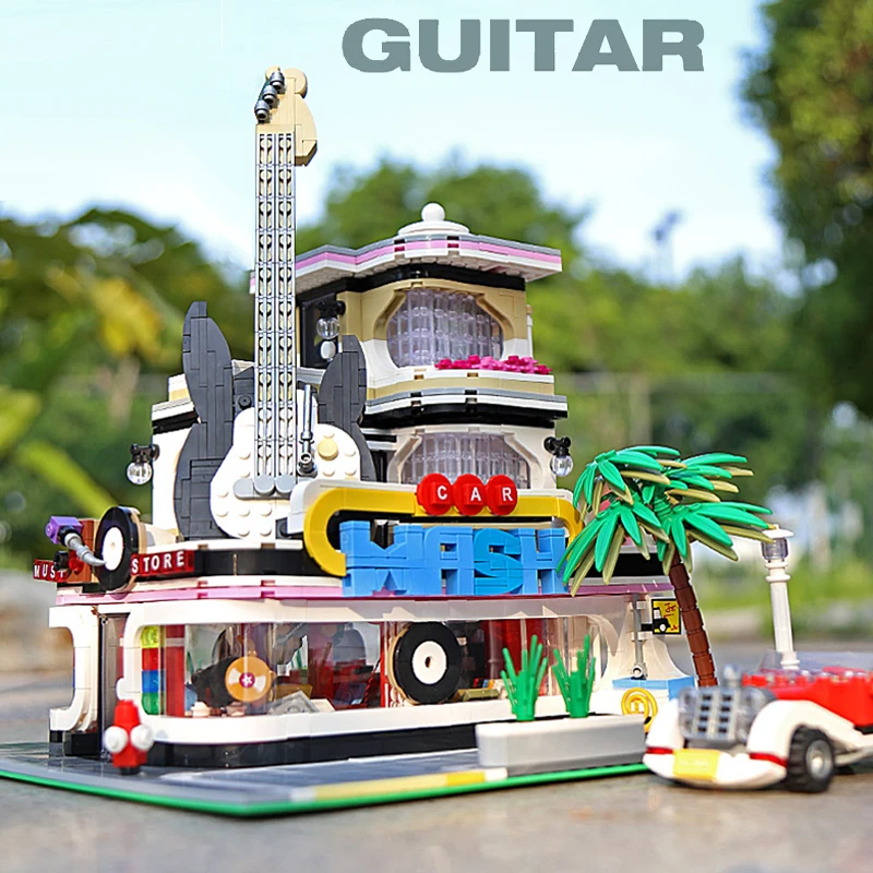 

Creative 2168pcs Light Version Street View Guitar Shop Car Washing Store Building Block Toys MOC Guitar House Bricks Kids Gifts