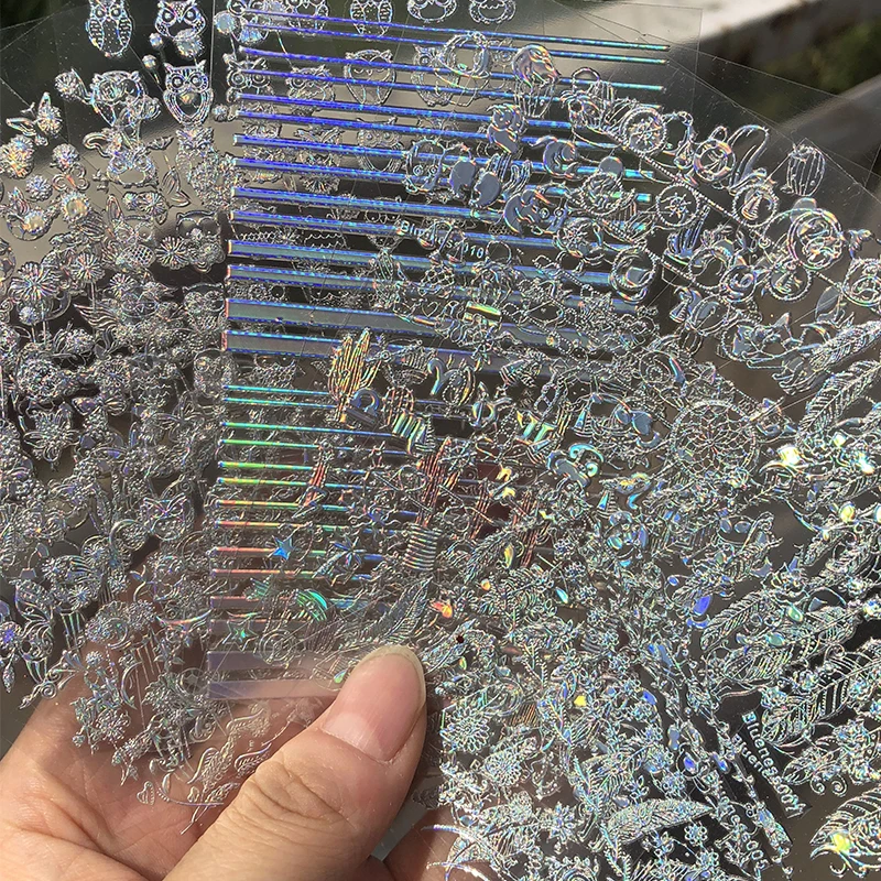 

12pcs New Arrival Glitter Stickers On Nails-Silver Holographic Adhesive Nail Stickers - Diamond ,Cactus Sticker Decals For Nail